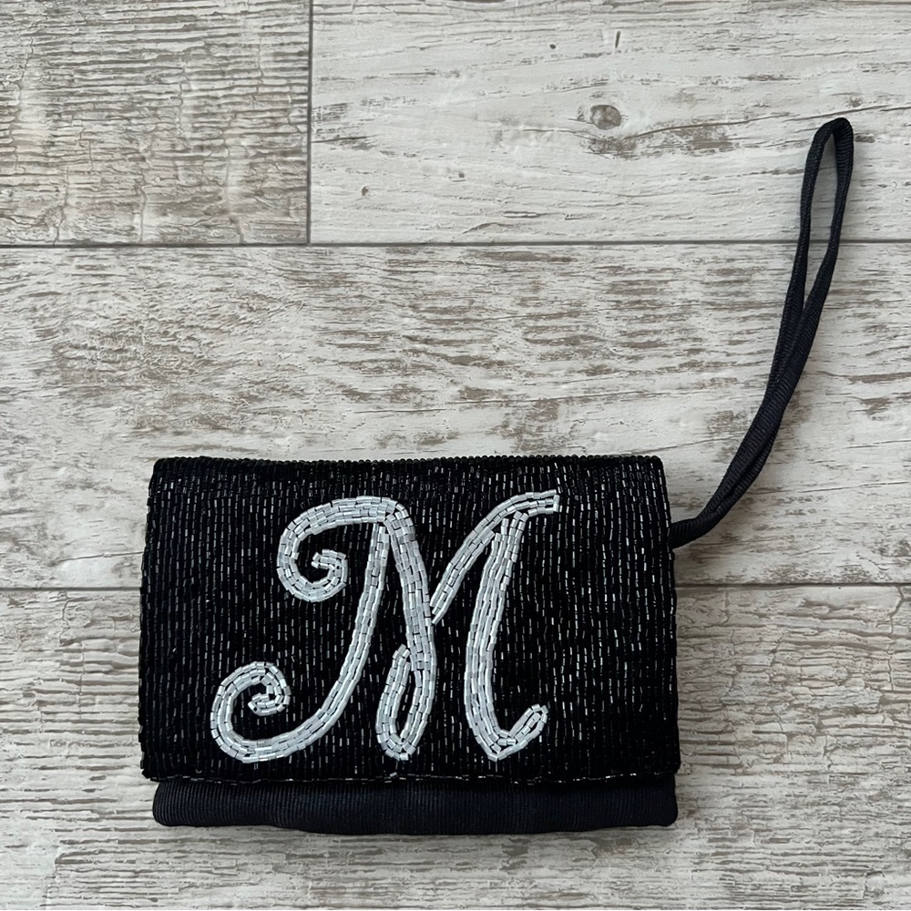Vintage Liz Claiborne Black Beaded “M” Monogramed Fancy Wristlet Y2K NWOT!